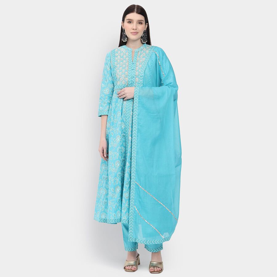 Ladies' 100% Cotton Kurta Pyjama Set with Dupatta, हल्का नीला, large image number null