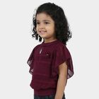 Girls' Wine Red Round Neck Ruffle Sleeve Floral T-Shirt, Wine, small