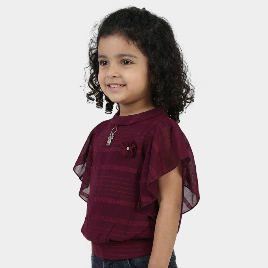 Girls' Wine Red Round Neck Ruffle Sleeve Floral T-Shirt, Wine, large