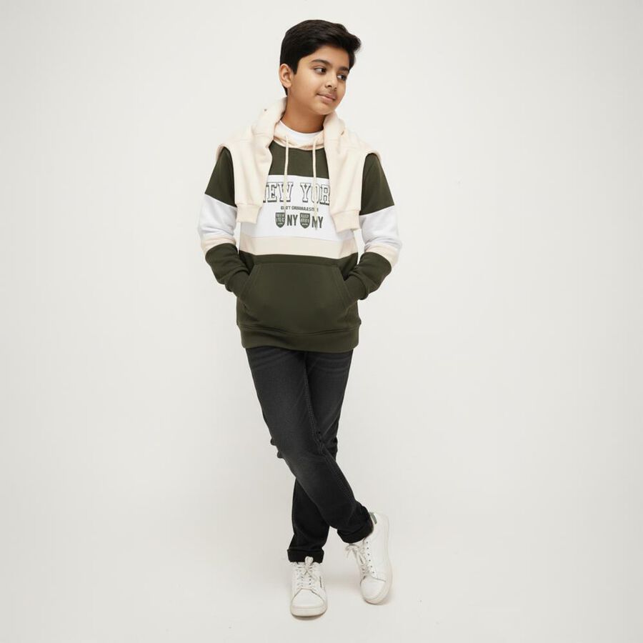 Boys Muted Olive Green Hooded Neck Casual Sweatshirt, ओलिव, large image number null