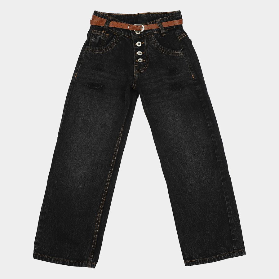 Girls Black Straight Fit Button Fly Jeans, काला, large