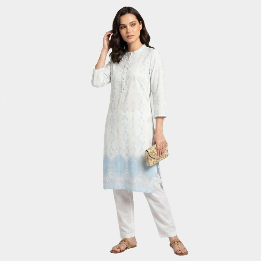 Women's Light Blue Mandarin Collar Printed Straight Kurta, हल्का नीला, large
