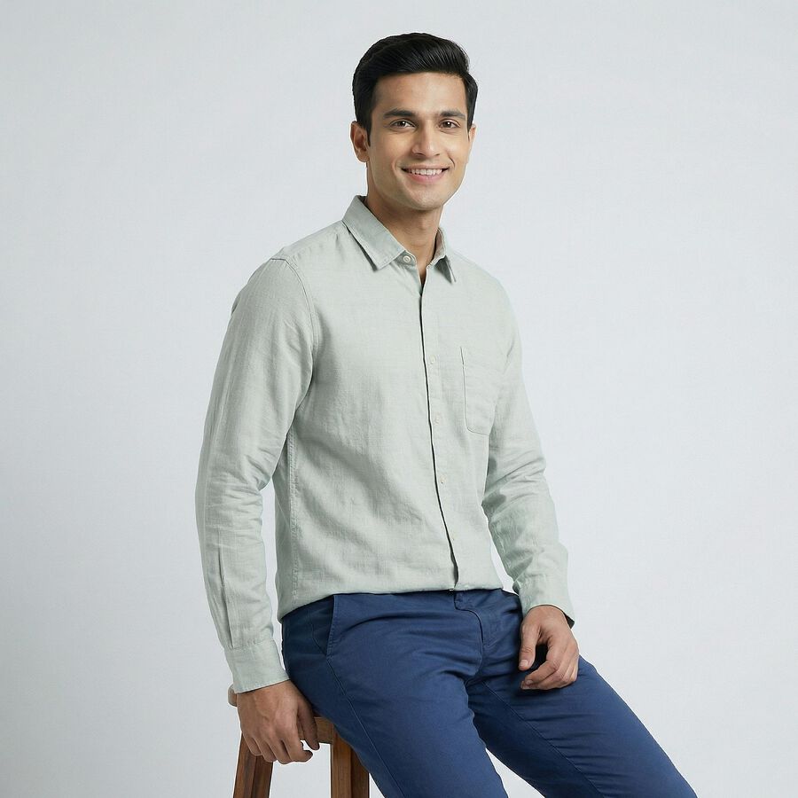 Men's Blue Cotton Button Down Classic Casual Shirt, एक्वा, large