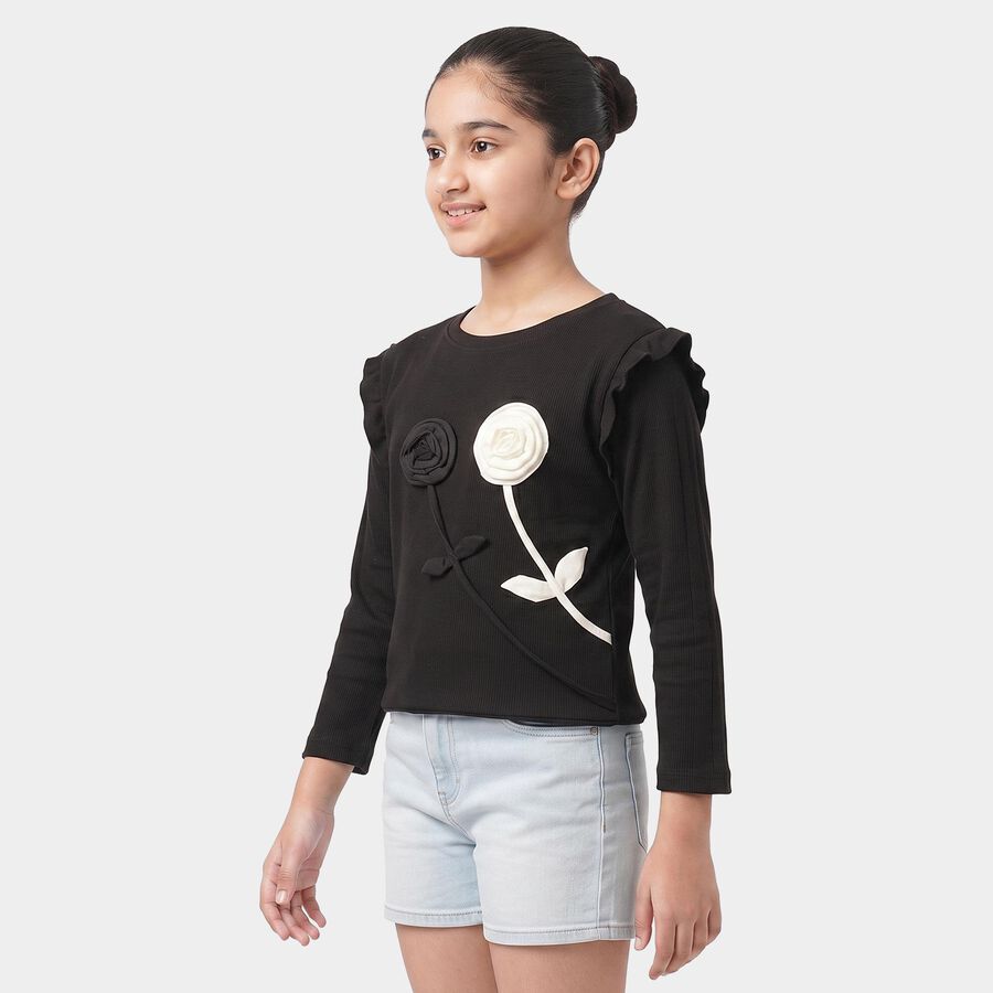 Girls Black Round Neck Regular Top, काला, large