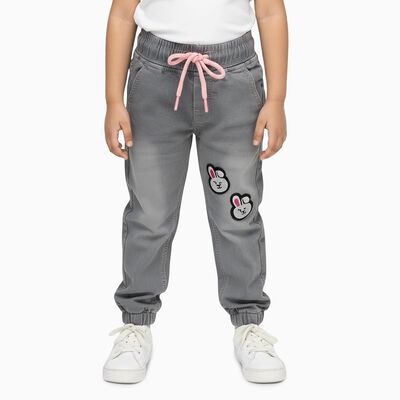 Girls' Muted Grey Jogger Fit Embroidered Jeans