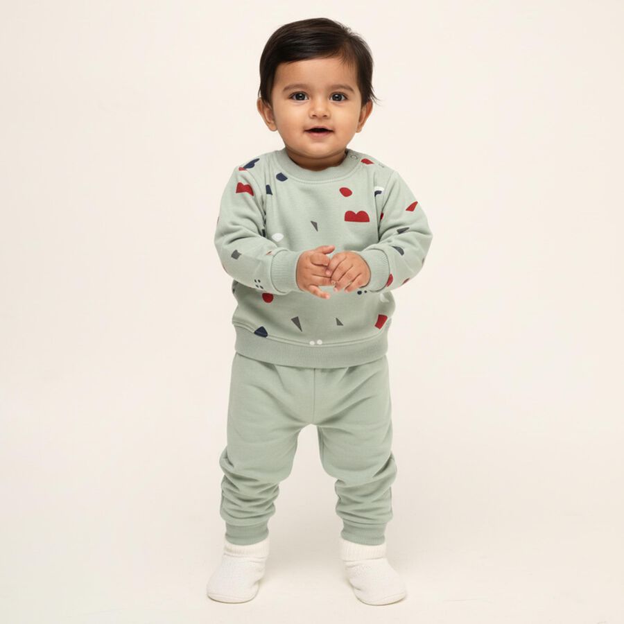 Infants' Light Green Round Neck Geometric Printed Baba Suit, Light Green, large image number null