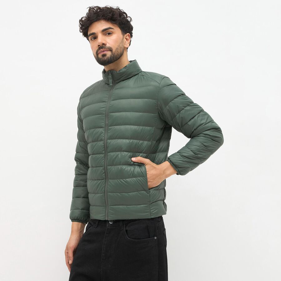 Men's Dark Sage Green High Neck Quilted Puffer Jacket, Dark Green, large image number null