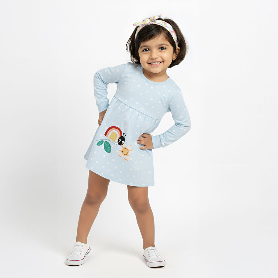 Girls' Light Sky Blue Polka Dot Long Sleeve Frock, Light Blue, large image number null