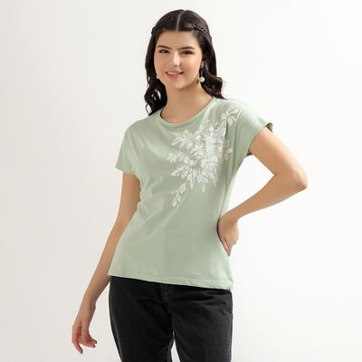 Women's Light Sage Green Round Neck Floral Print T-Shirt