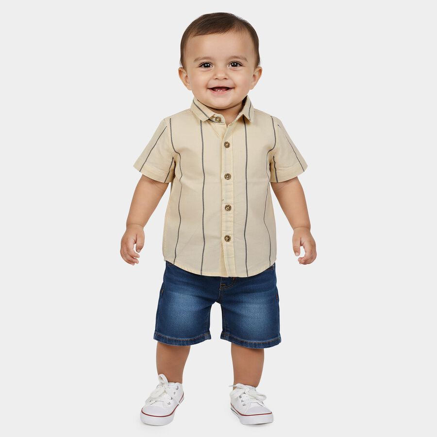 Infants Beige Striped Collared Regular Fit Shirt, Beige, large