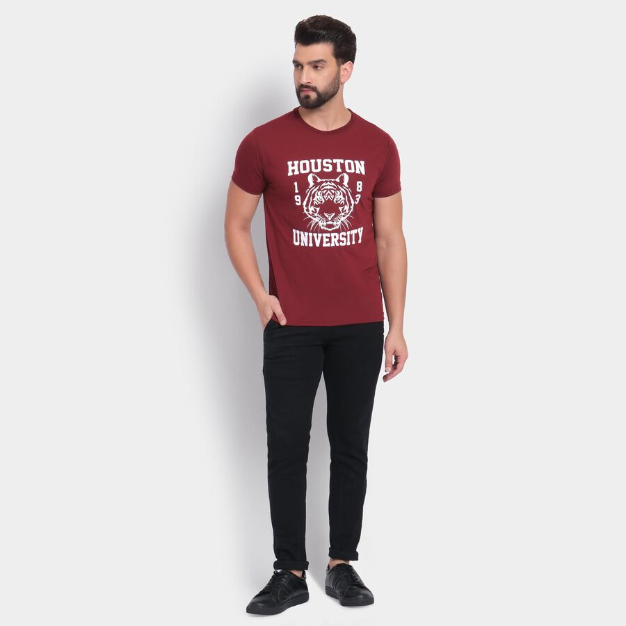 Men's Round Neck Half Sleeves T-Shirt , वाइन, large