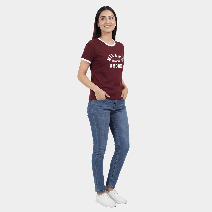 Women's Wine Round Neck Casual T-Shirt, Wine, large