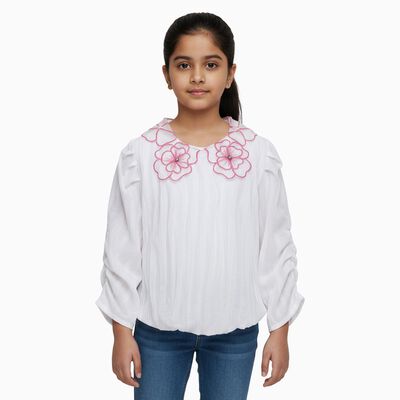 Girls Bright Snow White Round Neck Casual T-Shirt