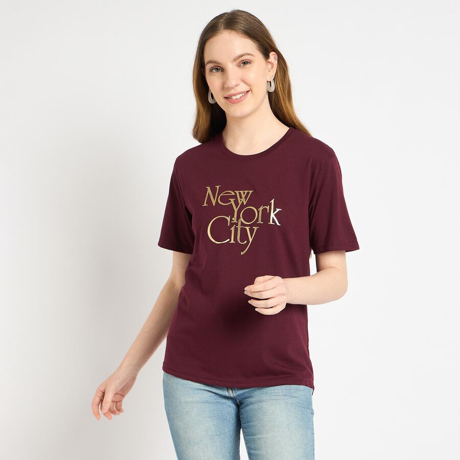 Ladies' 100% Cotton Round Neck T-Shirt , वाइन, large
