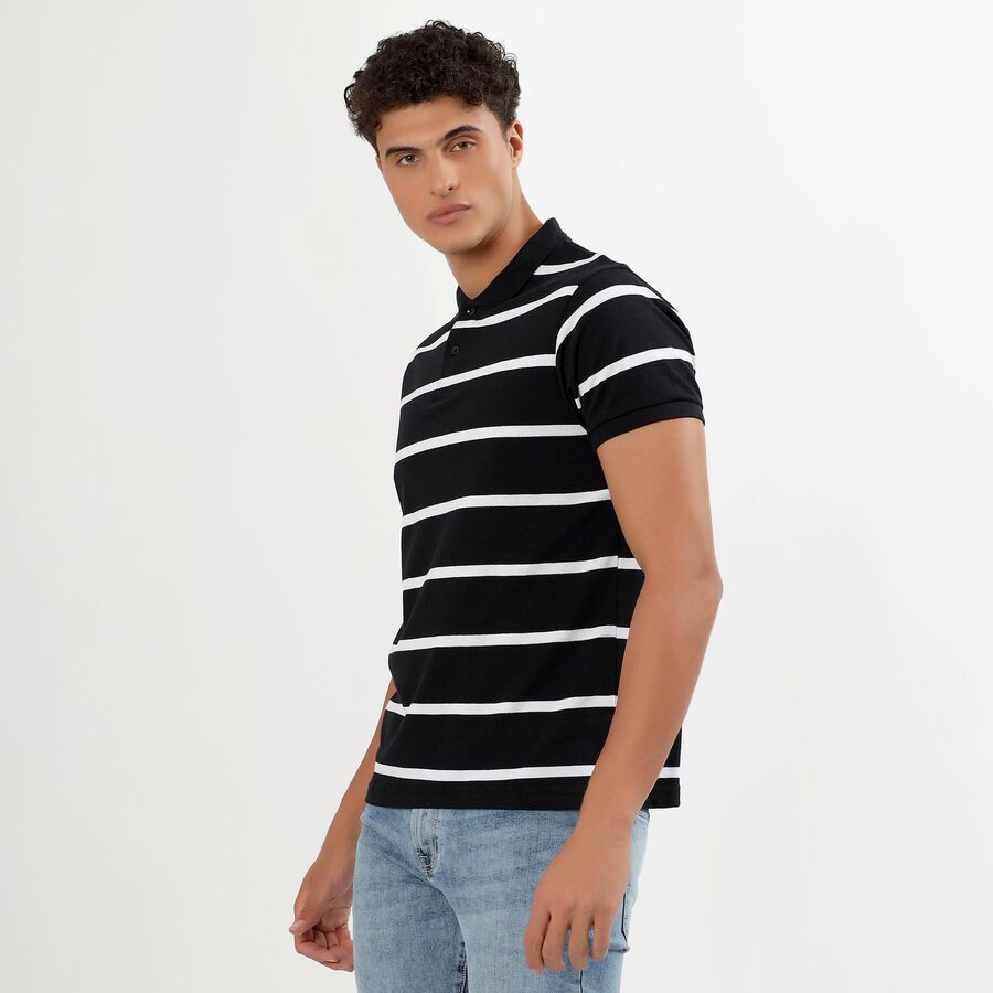 Men's Jet Black Polo Neck Striped T-Shirt, Black, large image number null