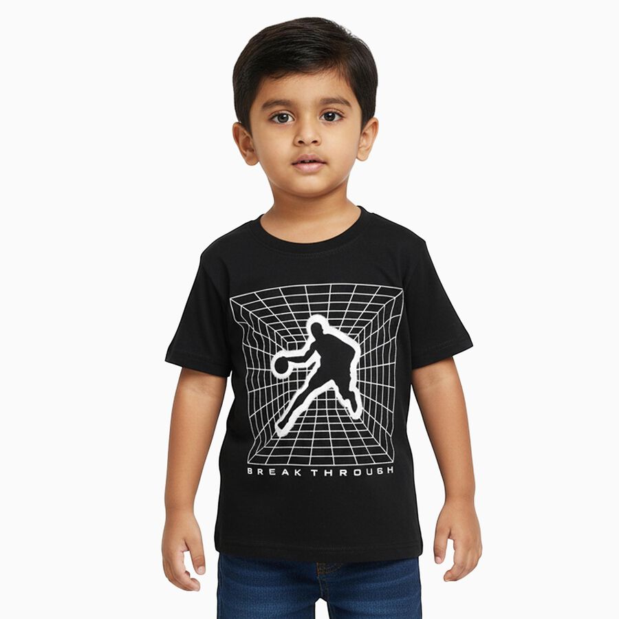 Boys Jet Black Crew Neck Casual T-Shirt, Black, large image number null