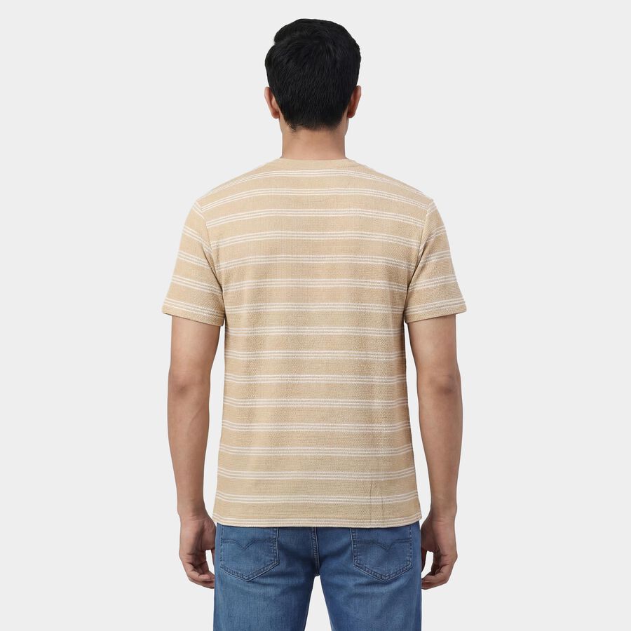 Men's Beige Round Neck Casual T-Shirt, गहरा पीला, large