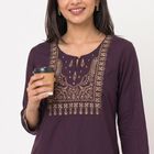 Women's Purple Round Neck Embroidered Kurti, Purple, small