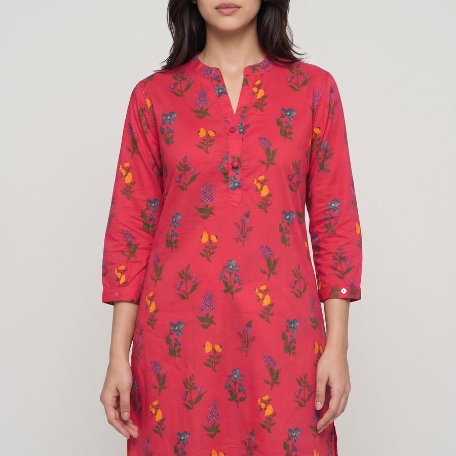 Women's Fuchsia Cotton Band Collar Floral Printed Straight Kurta, Fuchsia, large