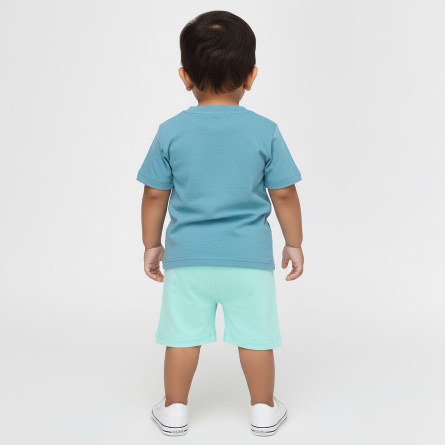 Infants' Blue Cotton Round Neck Printed Baba Suit, Teal Blue, large image number null