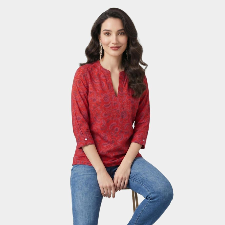Women's Maroon Notch Neck Printed Kurti, Maroon, large