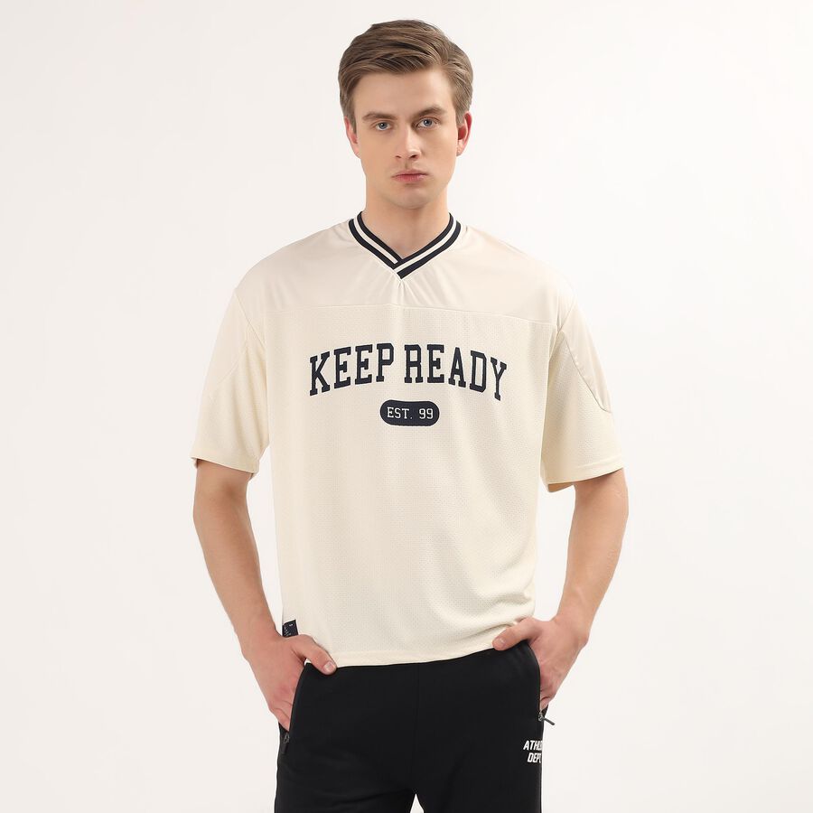 Men's White V-Neck Athleisure T-Shirt, एक्रू मिश्रित, large