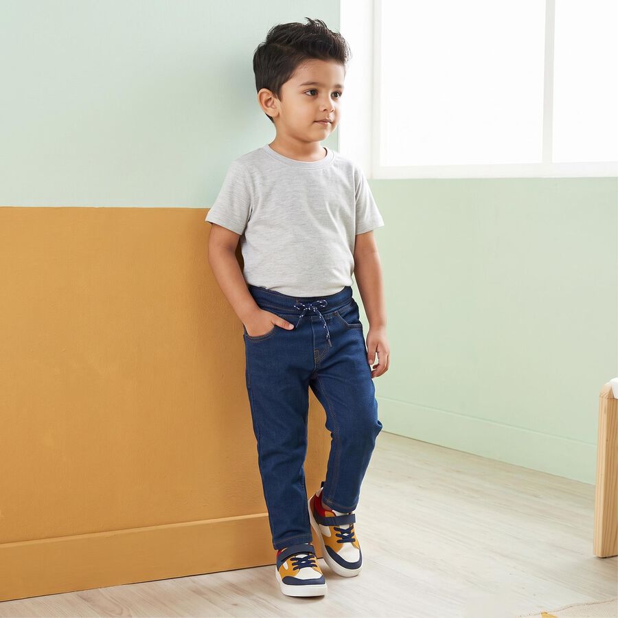 Boys' Navy Blue Slim Fit Drawstring Jeans, गहरा नीला, large