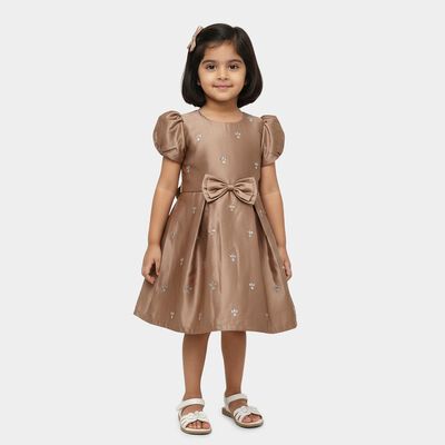 Girls' Rich Mocha Brown Puff Sleeve Embroidered Party Frock