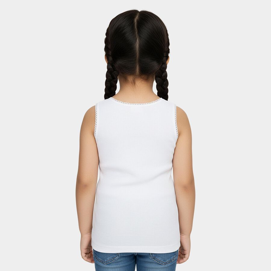 Girls' White Cotton Round Neck Classic Vest, सफ़ेद, large