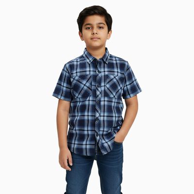 Boys Navy Blue Cotton Half Sleeve Classic Casual Shirt
