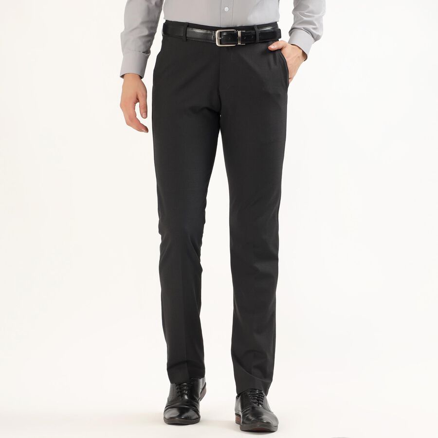 Men's Charcoal Black Slim Fit Flat-Front Formal Trousers, काला, large image number null