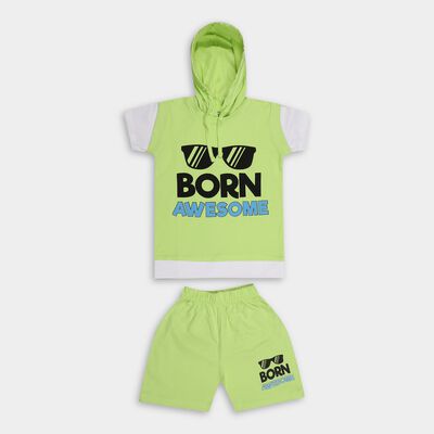Boys' Light Green Cotton Hooded Short Sleeve Printed Baba Suit