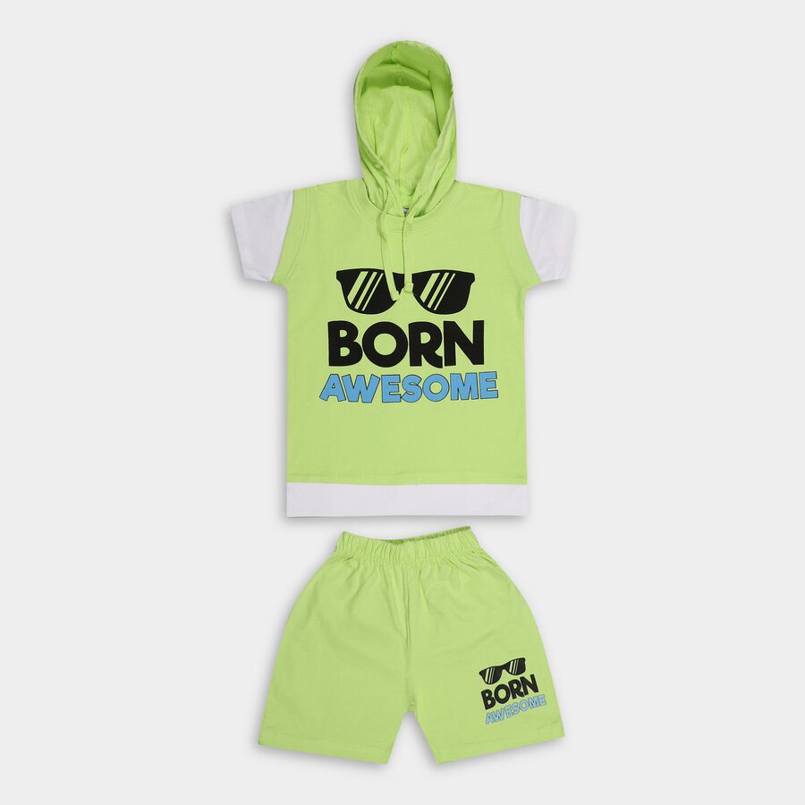 Boys' Light Green Cotton Hooded Short Sleeve Printed Baba Suit, Light Green, large image number null