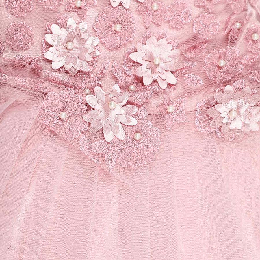 Girls' Soft Pink Floral Embroidered Party Wear Frock, Pink, large image number null