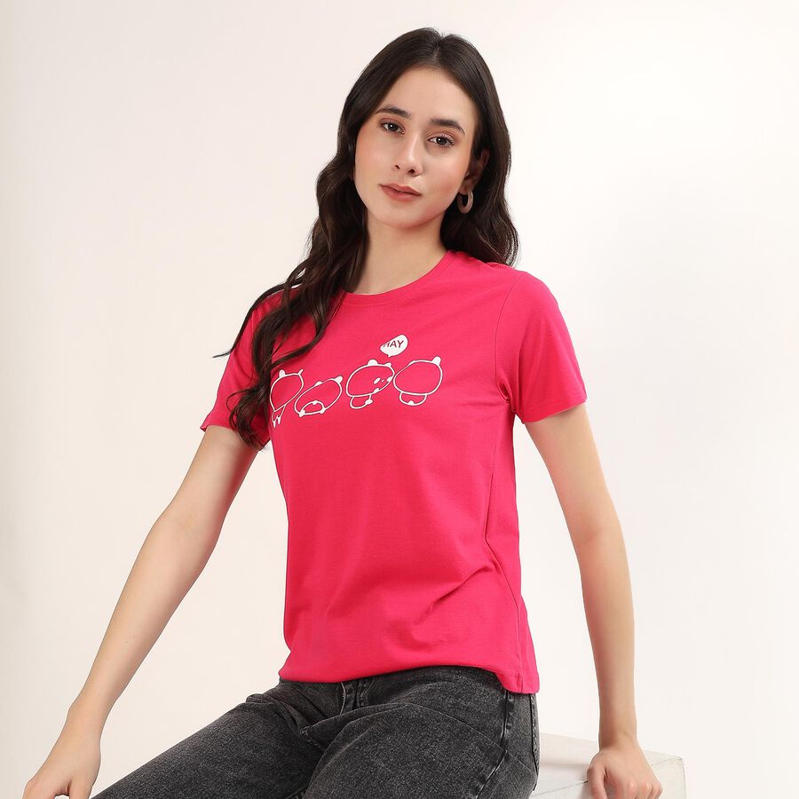 Women's Fuchsia Round Neck Printed Casual T-Shirt, Fuchsia, large