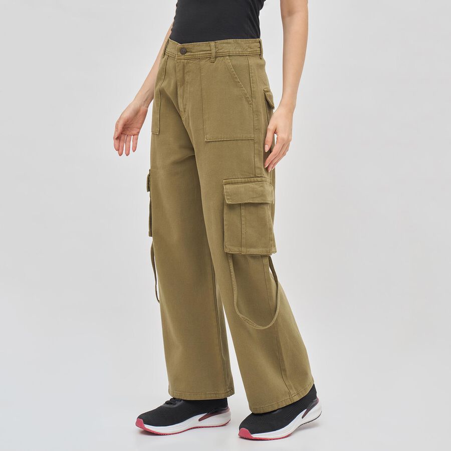 Women's Olive Green Wide-Leg Cargo Jeans, ओलिव, large image number null
