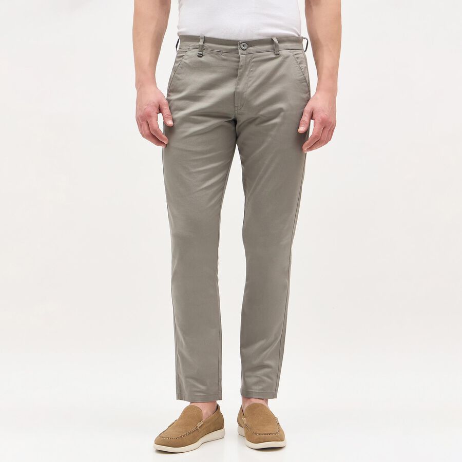 Men's Muted Grey Slim Fit Flat-Front Casual Trousers, हल्का ग्रे, large