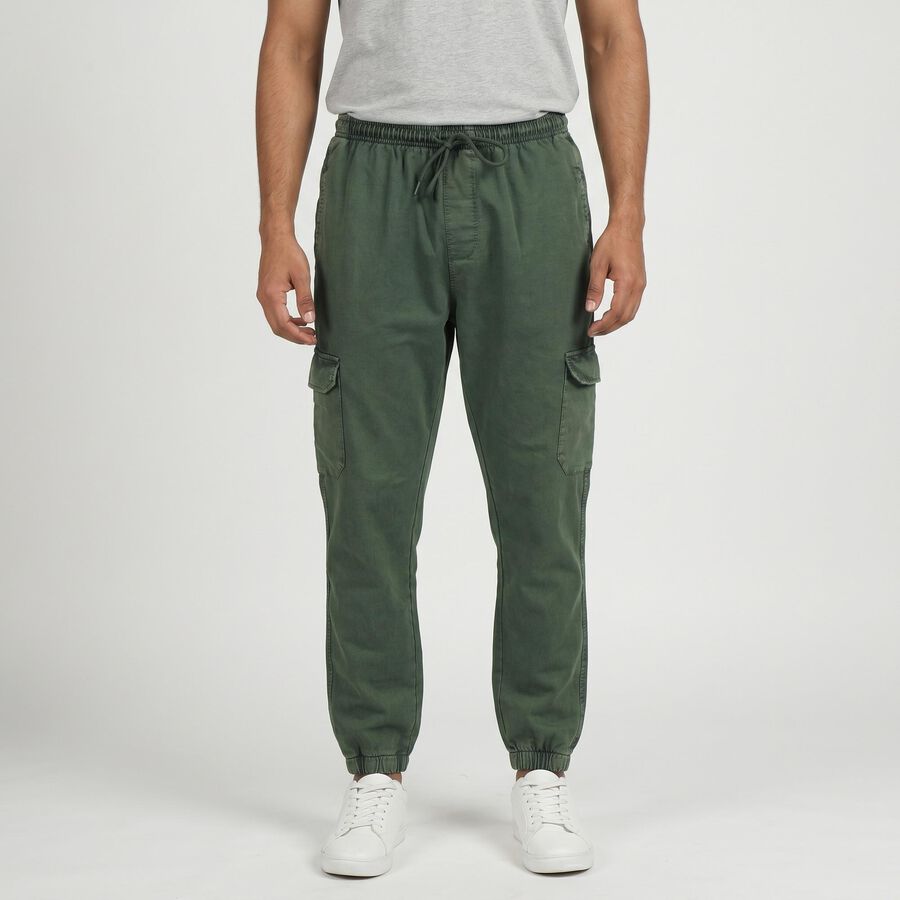 Men's Olive Green Regular Fit Cargo Jogger, गहरा हरा, large