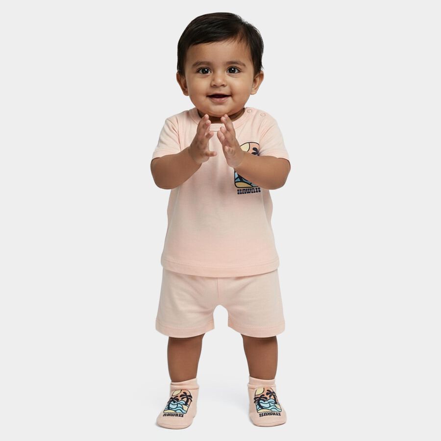 Infants' Peach 100% Cotton Round Neck Hawaii Printed Baba Suit, Peach, large