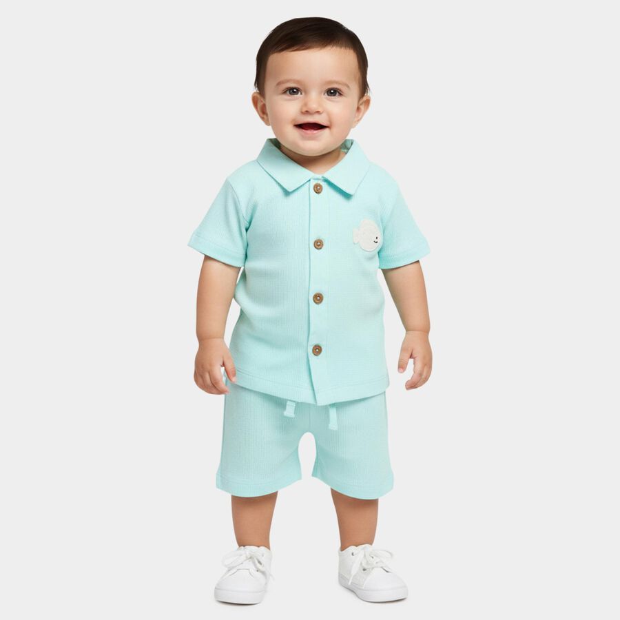 Infants' Aqua 100% Cotton Collar Textured Baba Suit, Aqua, large