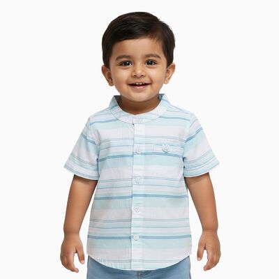 Infants Light Aqua Blue Cotton Half Sleeve Mandarin Collar Casual Shirt