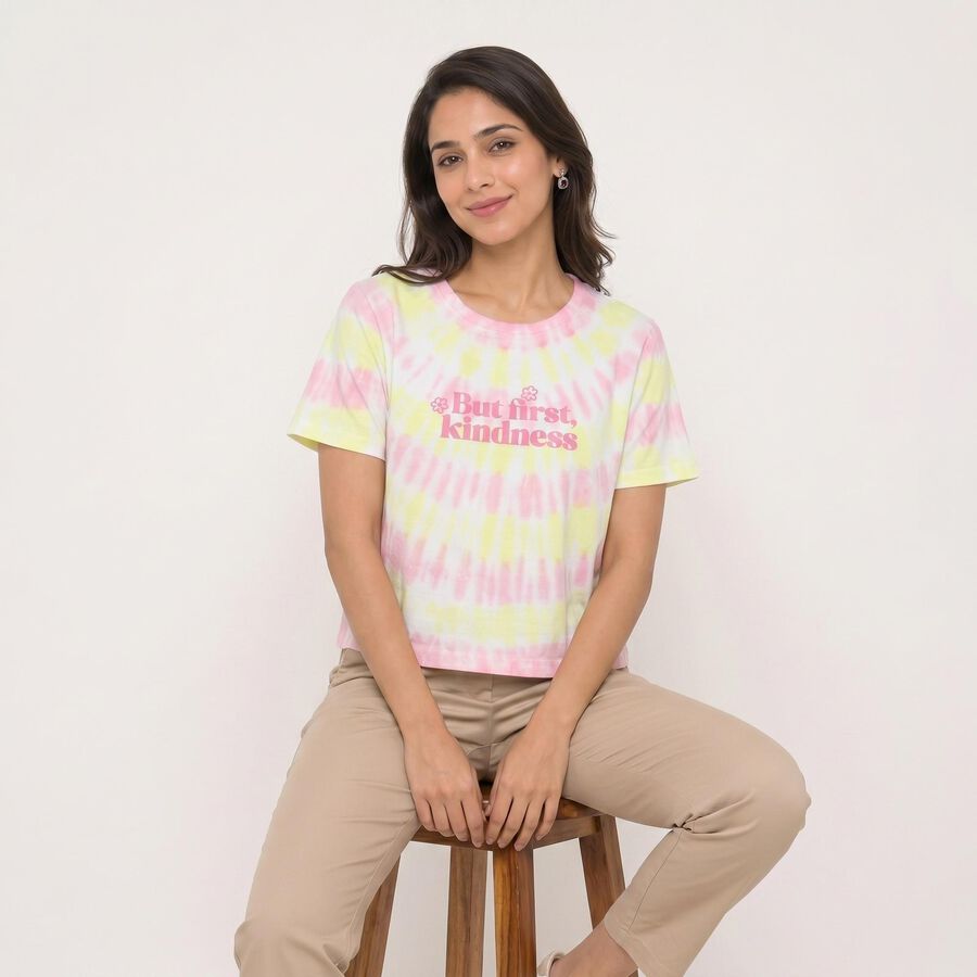 Women's Pink Cotton Round Neck Regular T-Shirt, गुलाबी, large