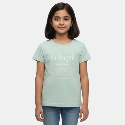 Girls Green Round Neck Casual T-Shirt