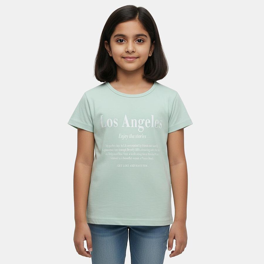 Girls Green Round Neck Casual T-Shirt, हल्का हरा, large