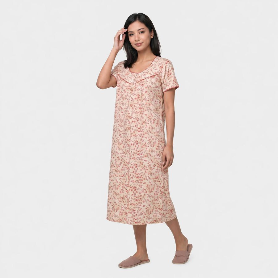 Women Off White Round Neck A-Line Nighty, ऑफ व्हाइट, large