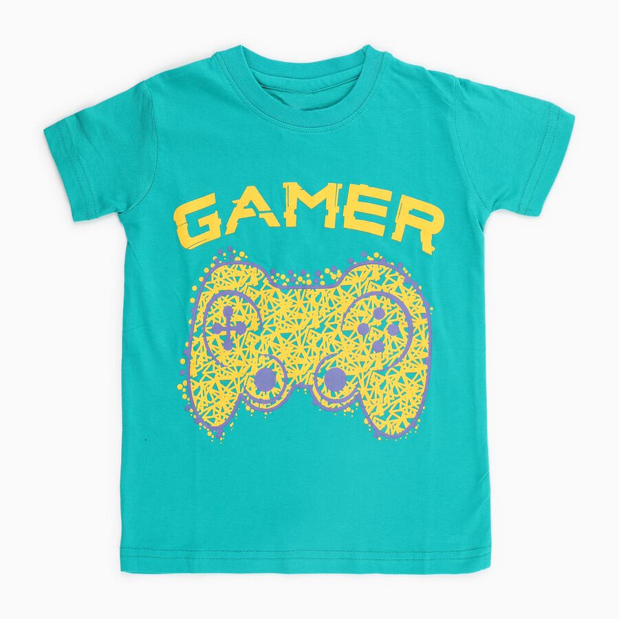 Boys Bright Turquoise Cotton Round Neck Casual T-Shirt, Dark Green, large