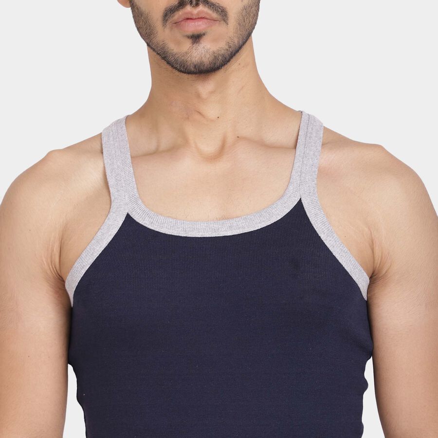 Cotton Solid Sleeveless Gym T-Shirt, Navy Blue, large image number null