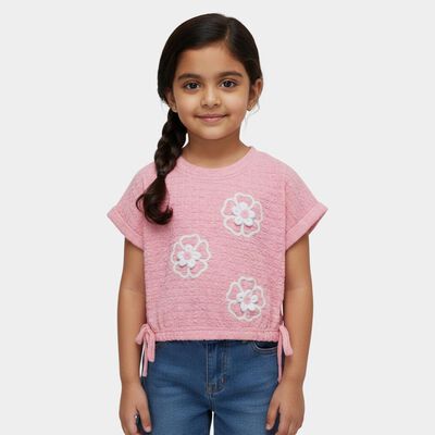 Girls' Pink Round Neck Casual T-Shirt