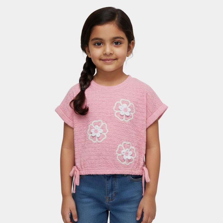 Girls' Pink Round Neck Casual T-Shirt, Light Pink, large
