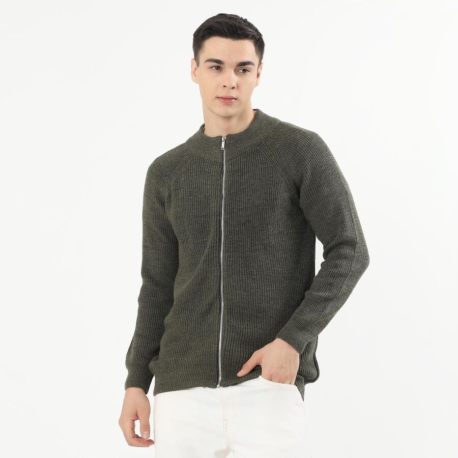 Men's Muted Olive Green Mock Neck Casual Pullover, ओलिव, large image number null